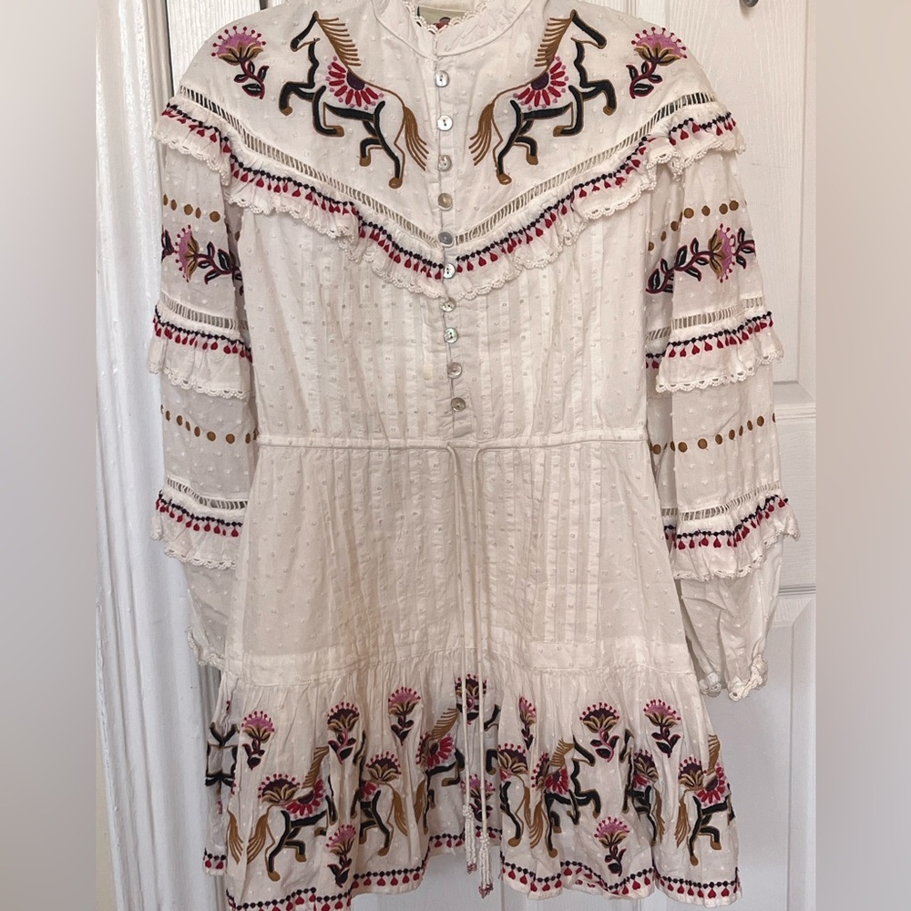 FARM Rio Stitch Embroidered Horses White Ruffle Dress with Floral Accents XXS - Picture 6 of 10
